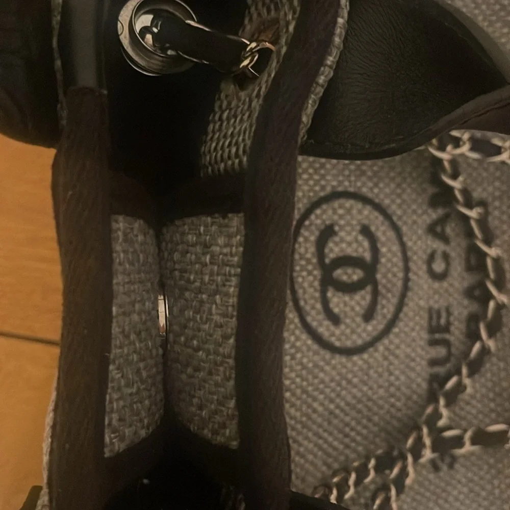 Authentic CHANEL CC Canvas Deauville Tote Chain Shoulder Bag